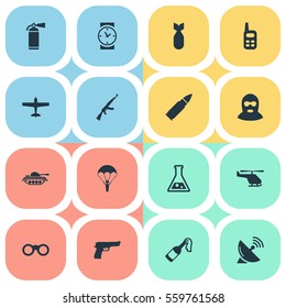 Set Of 16 Simple War Icons. Can Be Found Such Elements As Heavy Weapon, Air Bomber, Signal Receiver And Other.