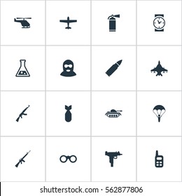 Set Of 16 Simple War Icons. Can Be Found Such Elements As Heavy Weapon, Extinguisher, Air Bomber And Other.