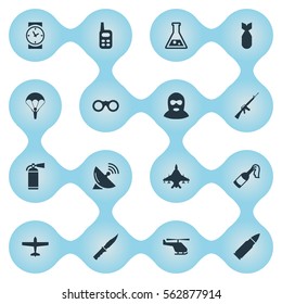 Set Of 16 Simple War Icons. Can Be Found Such Elements As Helicopter, Chemistry, Extinguisher And Other.