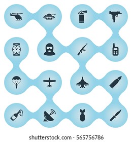 Set Of 16 Simple War Icons. Can Be Found Such Elements As Helicopter, Nuke, Firearm And Other.
