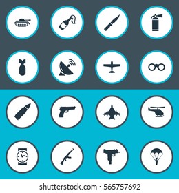 Set Of 16 Simple War Icons. Can Be Found Such Elements As Nuke, Field Glasses, Air Bomber And Other.