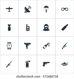 Set Of 16 Simple War Icons. Can Be Found Such Elements As Terrorist, Signal Receiver, Firearm And Other.
