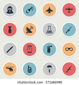 Set Of 16 Simple War Icons. Can Be Found Such Elements As Air Bomber, Paratrooper, Sky Force And Other.