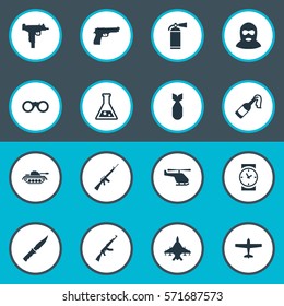 Set Of 16 Simple War Icons. Can Be Found Such Elements As Air Bomber, Rifle Gun, Kalashnikov And Other.