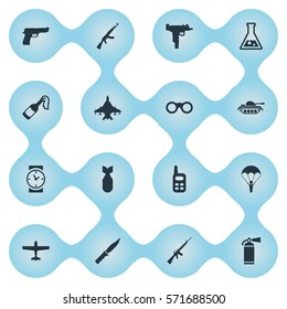 Set Of 16 Simple War Icons. Can Be Found Such Elements As Walkies, Pistol, Molotov And Other.