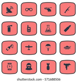 Set Of 16 Simple War Icons. Can Be Found Such Elements As Molotov, Paratrooper, Nuke And Other.