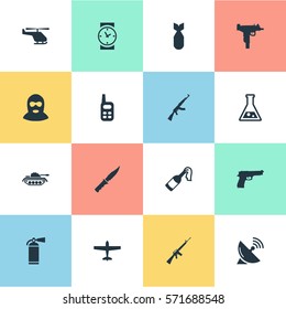 Set Of 16 Simple War Icons. Can Be Found Such Elements As Molotov, Helicopter, Heavy Weapon And Other.