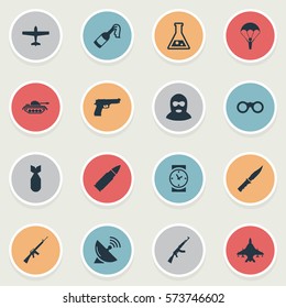 Set Of 16 Simple War Icons. Can Be Found Such Elements As Molotov, Field Glasses, Signal Receiver And Other.