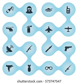 Set Of 16 Simple War Icons. Can Be Found Such Elements As Rifle Gun, Molotov, Helicopter And Other.