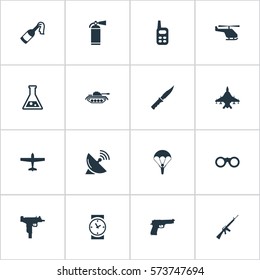Set Of 16 Simple War Icons. Can Be Found Such Elements As Firearm, Heavy Weapon, Pistol And Other.