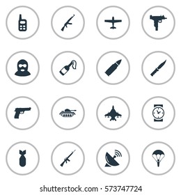 Set Of 16 Simple War Icons. Can Be Found Such Elements As Cold Weapon, Kalashnikov, Walkies And Other.