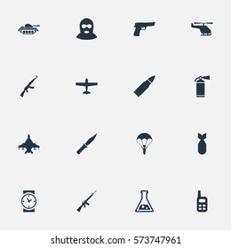 Set Of 16 Simple War Icons. Can Be Found Such Elements As Terrorist, Paratrooper, Walkies And Other.