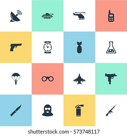 Set Of 16 Simple War Icons. Can Be Found Such Elements As Cold Weapon, Firearm, Helicopter And Other.