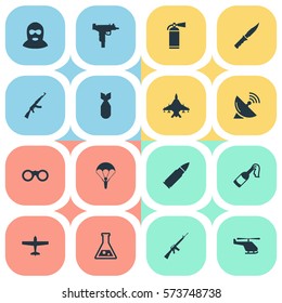 Set Of 16 Simple War Icons. Can Be Found Such Elements As Terrorist, Signal Receiver, Kalashnikov And Other.