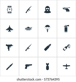 Set Of 16 Simple War Icons. Can Be Found Such Elements As Firearm, Kalashnikov, Watch And Other.