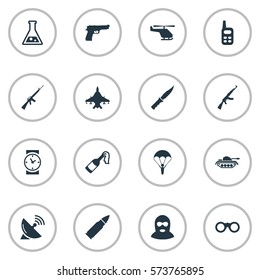 Set Of 16 Simple War Icons. Can Be Found Such Elements As Paratrooper, Kalashnikov, Watch And Other.