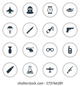 Set Of 16 Simple War Icons. Can Be Found Such Elements As Watch, Air Bomber, Ammunition And Other.
