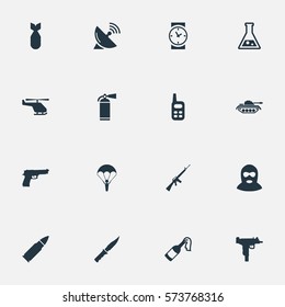 Set Of 16 Simple War Icons. Can Be Found Such Elements As Ammunition, Rifle Gun, Pistol And Other.