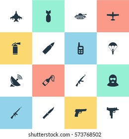 Set Of 16 Simple War Icons. Can Be Found Such Elements As Nuke, Pistol, Terrorist And Other.