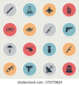 Set Of 16 Simple War Icons. Can Be Found Such Elements As Helicopter, Signal Receiver, Cold Weapon And Other.