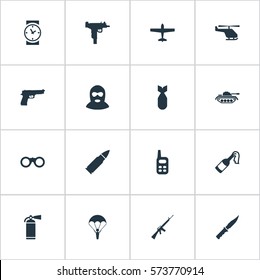 Set Of 16 Simple War Icons. Can Be Found Such Elements As Field Glasses, Walkies, Extinguisher And Other.