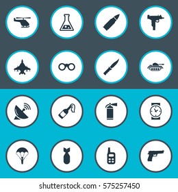 Set Of 16 Simple War Icons. Can Be Found Such Elements As Extinguisher, Pistol, Helicopter And Other.