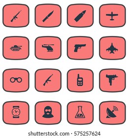 Set Of 16 Simple War Icons. Can Be Found Such Elements As Terrorist, Walkies, Rifle Gun And Other.