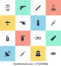 Set Of 16 Simple War Icons. Can Be Found Such Elements As Rifle Gun, Pistol, Kalashnikov And Other.