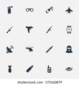 Set Of 16 Simple War Icons. Can Be Found Such Elements As Walkies, Rifle Gun, Nuke And Other.