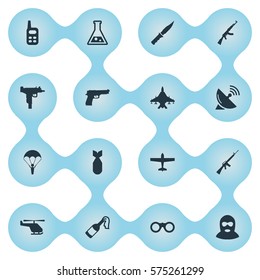 Set Of 16 Simple War Icons. Can Be Found Such Elements As Helicopter, Kalashnikov, Firearm And Other.