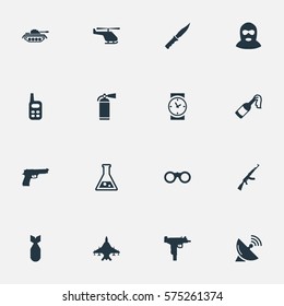 Set Of 16 Simple War Icons. Can Be Found Such Elements As Chemistry, Field Glasses, Watch And Other.