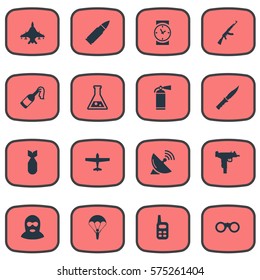 Set Of 16 Simple War Icons. Can Be Found Such Elements As Kalashnikov, Chemistry, Ammunition And Other.