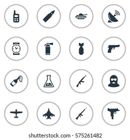 Set Of 16 Simple War Icons. Can Be Found Such Elements As Watch, Kalashnikov, Nuke And Other.