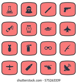 Set Of 16 Simple War Icons. Can Be Found Such Elements As Nuke, Watch, Signal Receiver And Other.