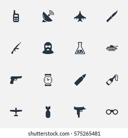 Set Of 16 Simple War Icons. Can Be Found Such Elements As Molotov, Chemistry, Sky Force And Other.