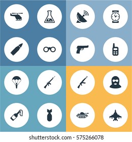 Set Of 16 Simple War Icons. Can Be Found Such Elements As Rifle Gun, Pistol, Ammunition And Other.
