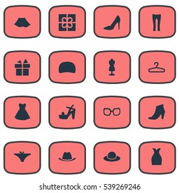 Set Of 16 Simple Wardrobe Icons. Can Be Found Such Elements As Head Accessory, Female Cloth, Elegant Headgear And Other.