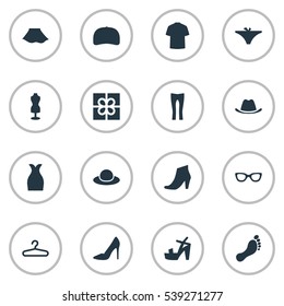 Set Of 16 Simple Wardrobe Icons. Can Be Found Such Elements As Glasses, Mannequin, Female Cloth And Other.