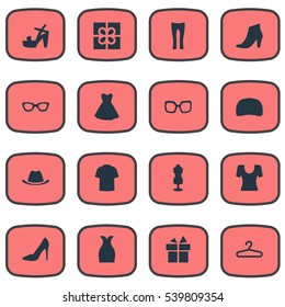 Set Of 16 Simple Wardrobe Icons. Can Be Found Such Elements As Footwear, Attire, Glasses And Other.