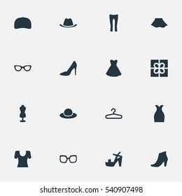Set Of 16 Simple Wardrobe Icons. Can Be Found Such Elements As Attire, Glasses, Eyeglasses And Other.