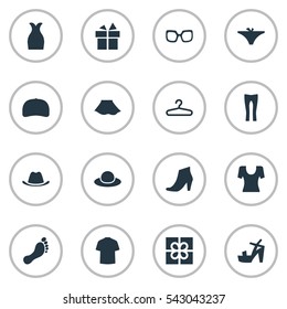 Set Of 16 Simple Wardrobe Icons. Can Be Found Such Elements As Cap, Barefoot, Present And Other.