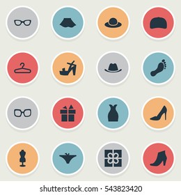 Set Of 16 Simple Wardrobe Icons. Can Be Found Such Elements As Present, Head Accessory, Elegant Headgear And Other.