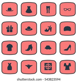 Set Of 16 Simple Wardrobe Icons. Can Be Found Such Elements As Present, Pants, Head Accessory And Other.