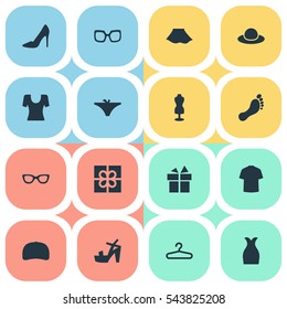 Set Of 16 Simple Wardrobe Icons. Can Be Found Such Elements As Female Cloth, Present, Footwear And Other.