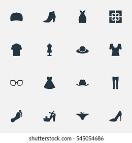 Set Of 16 Simple Wardrobe Icons. Can Be Found Such Elements As Footwear, Footwear, Head Accessory And Other.