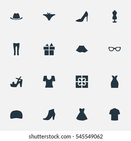 Set Of 16 Simple Wardrobe Icons. Can Be Found Such Elements As Present, Mannequin, Cap And Other.