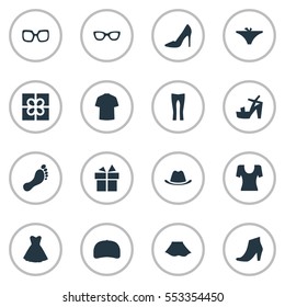 Set Of 16 Simple Wardrobe Icons. Can Be Found Such Elements As Head Accessory, Present, Attire And Other.
