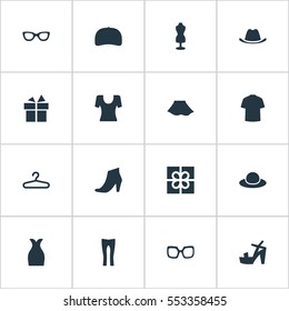 Set Of 16 Simple Wardrobe Icons. Can Be Found Such Elements As Footwear, Rack, Present And Other.