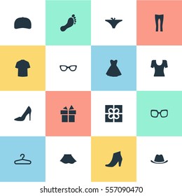 Set Of 16 Simple Wardrobe Icons. Can Be Found Such Elements As Attire, Footwear, Present And Other.