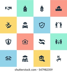 Set Of 16 Simple Warrant Icons. Can Be Found Such Elements As Protect Yourself, Estate Fuse, Job Accord And Other.